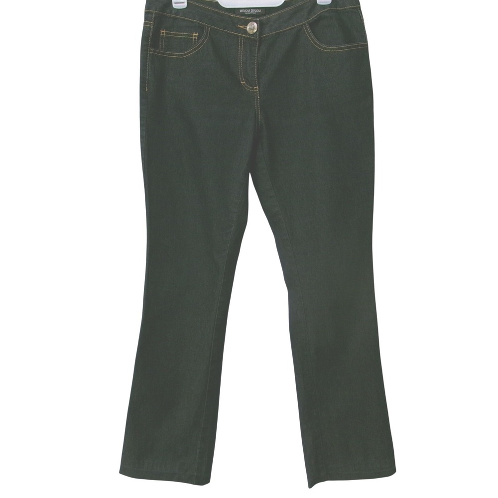 BISOU BISOU Women Dark Wash Bootcut Jeans Gold Stitching Size 10 Stretch